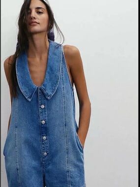 Free People Blue Denim Sleeveless Jumpsuit with Peter Pan Collar